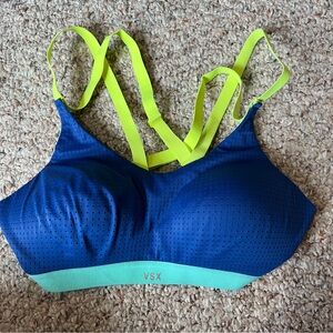 Victoria's Secret VSX sports bra Blue Yellow Straps Womens 32D Pull On Wire Free